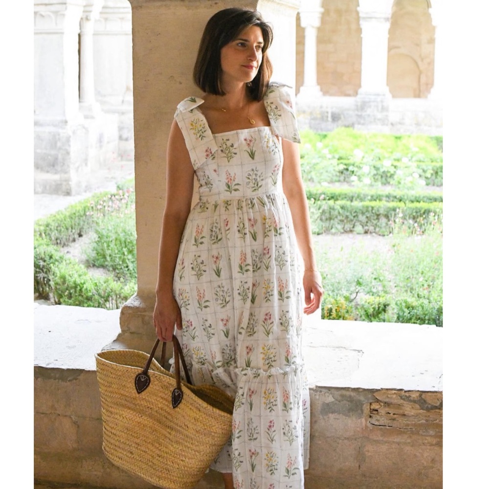 FLORAISON LANE White Floral Printed Bow Strap Cottagecore Elizabeth Maxi Dress